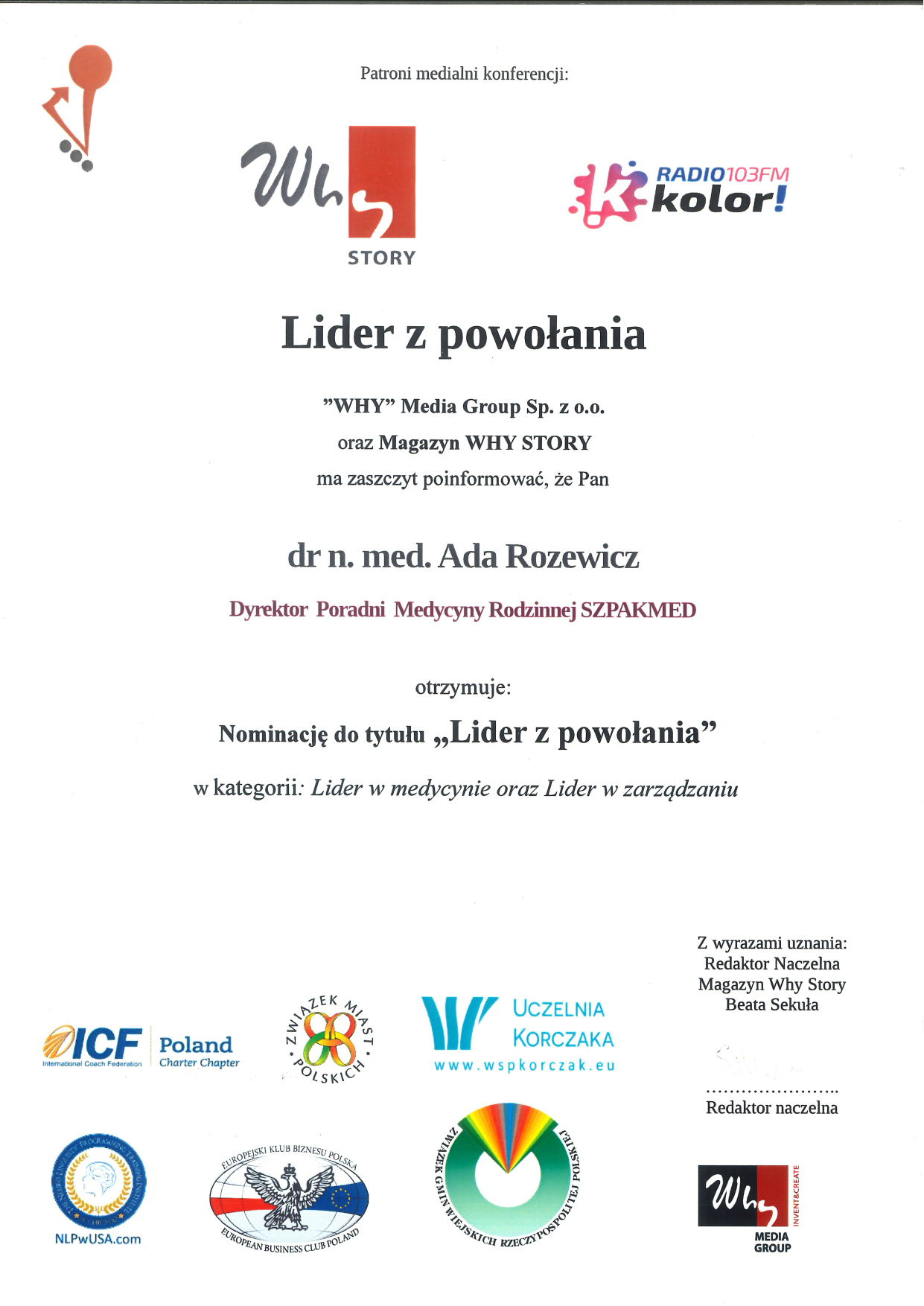 „Lider z powołania” — dr n. med. Ada Rozewicz