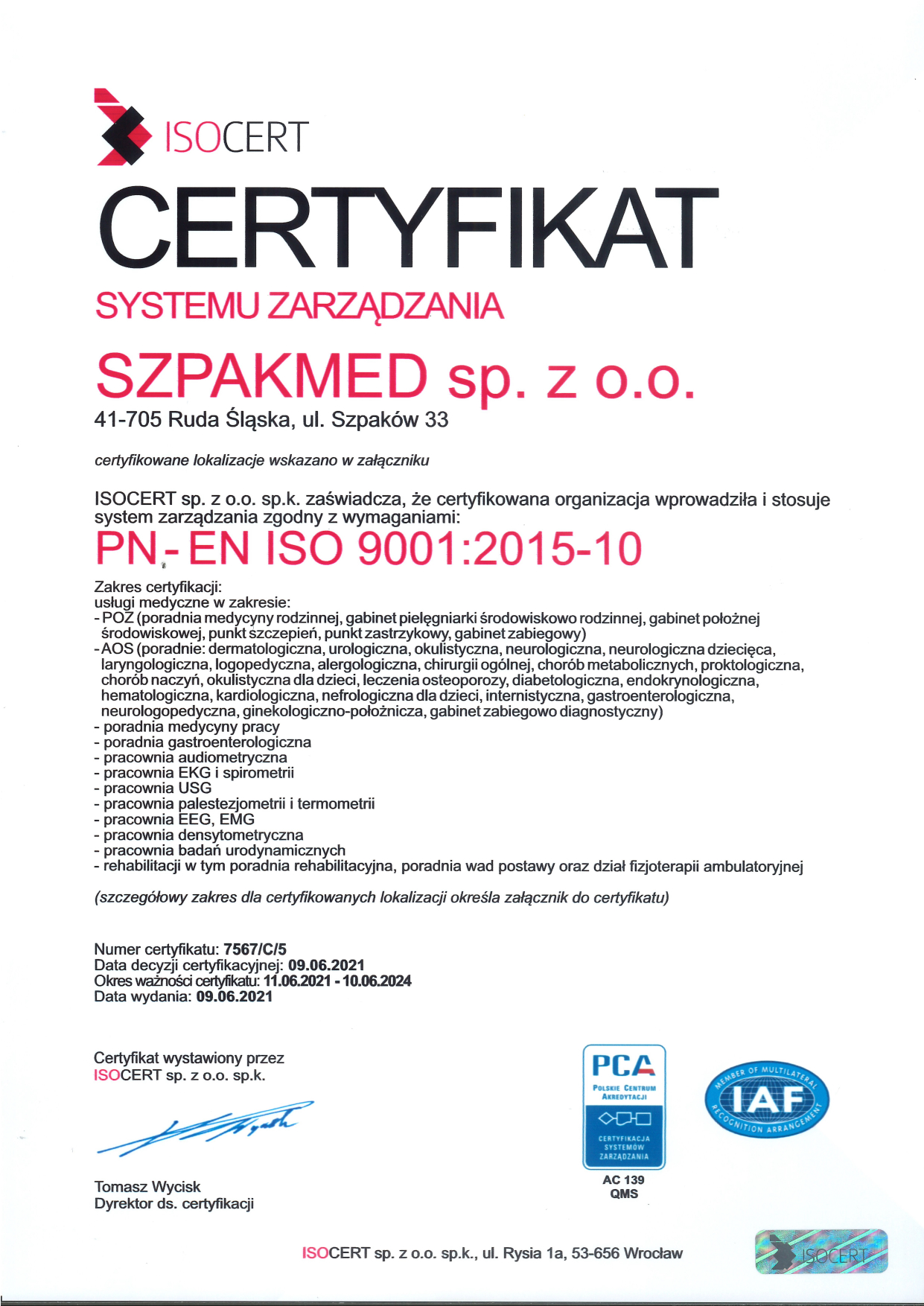 Certyfikat Systemu Zarządzania Jakością — ISOCERT