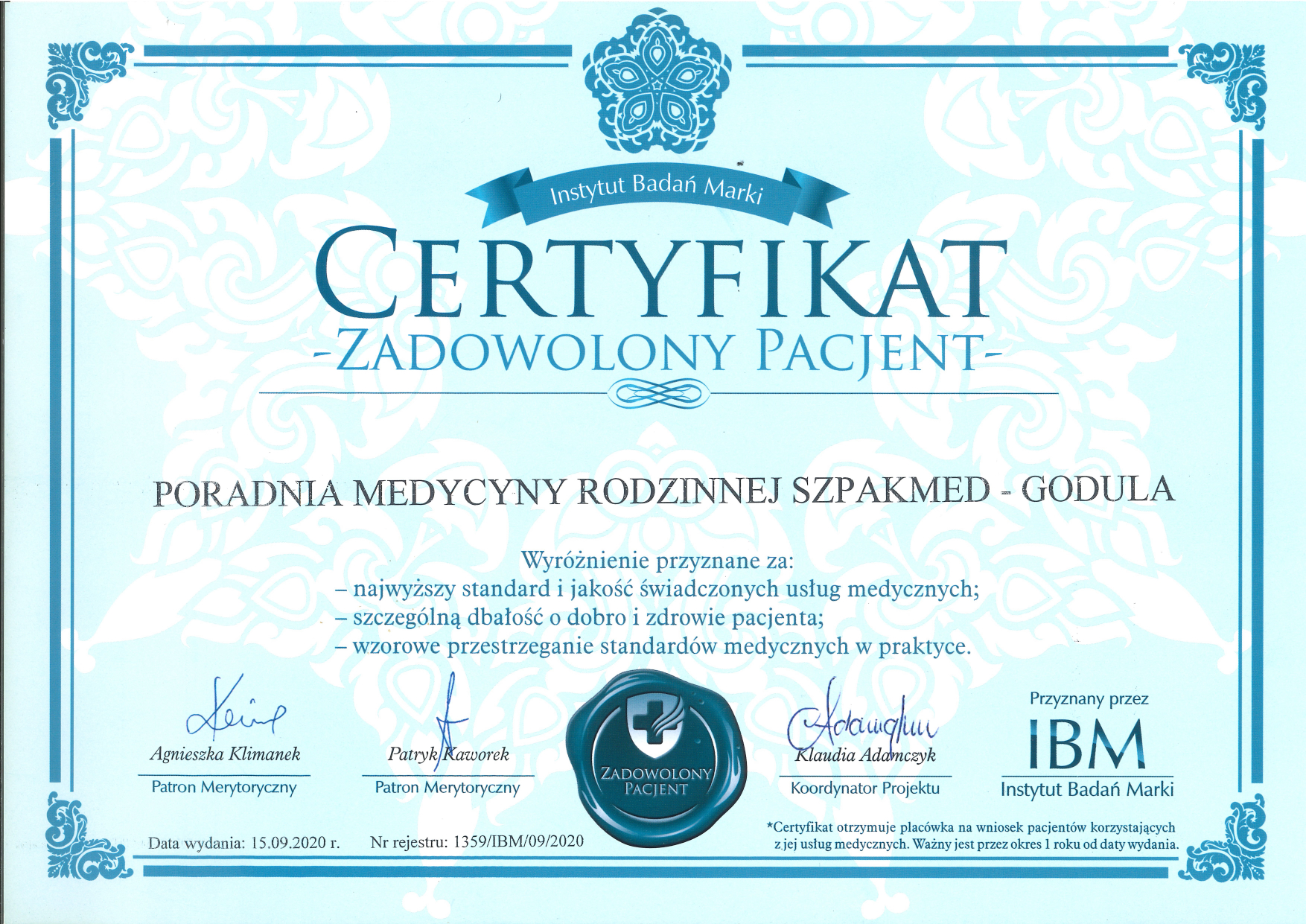 Certyfikat „Zadowolony Pacjent” — Godula