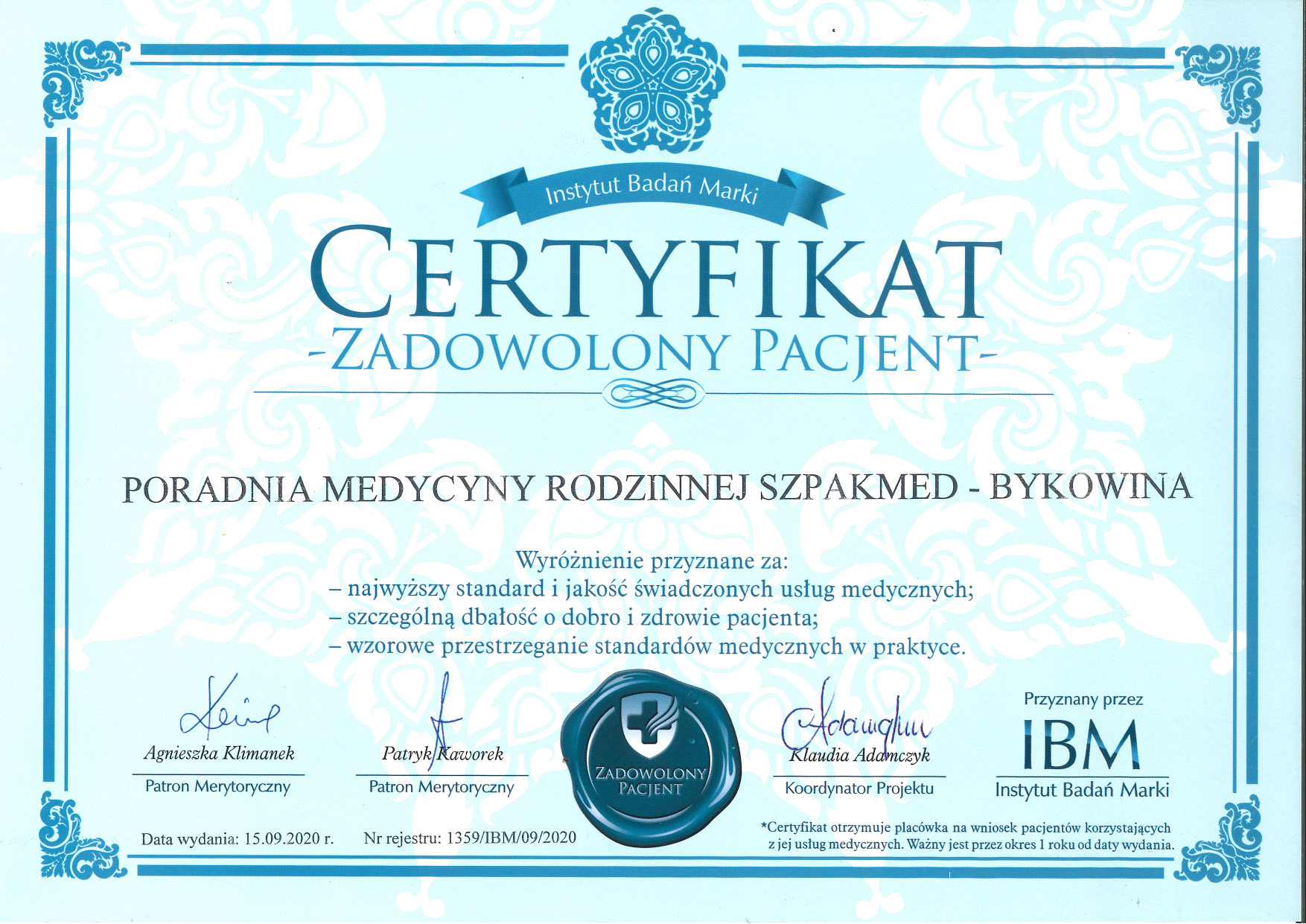 Certyfikat „Zadowolony Pacjent” — Bykowina