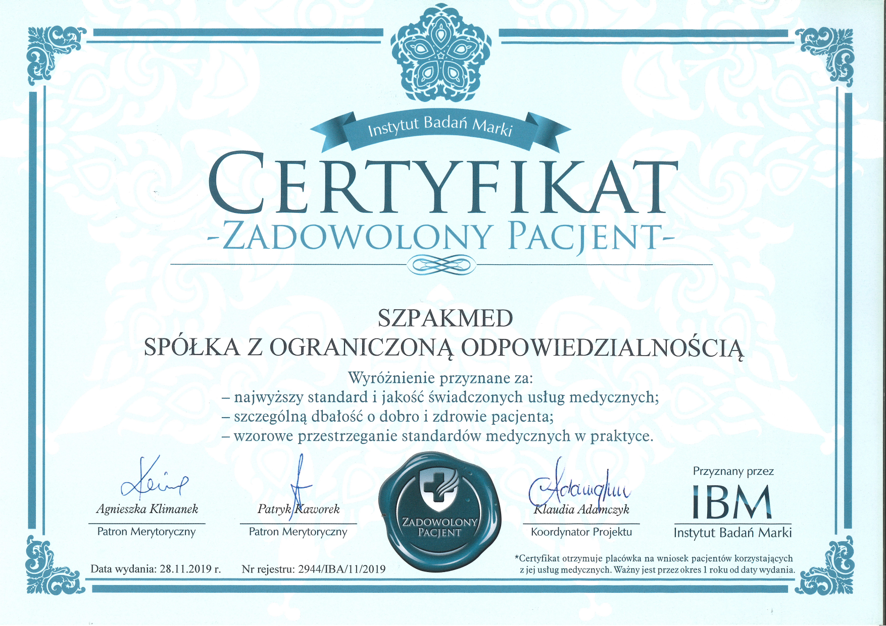 Certyfikat „Zadowolony Pacjent” — Szpakmed